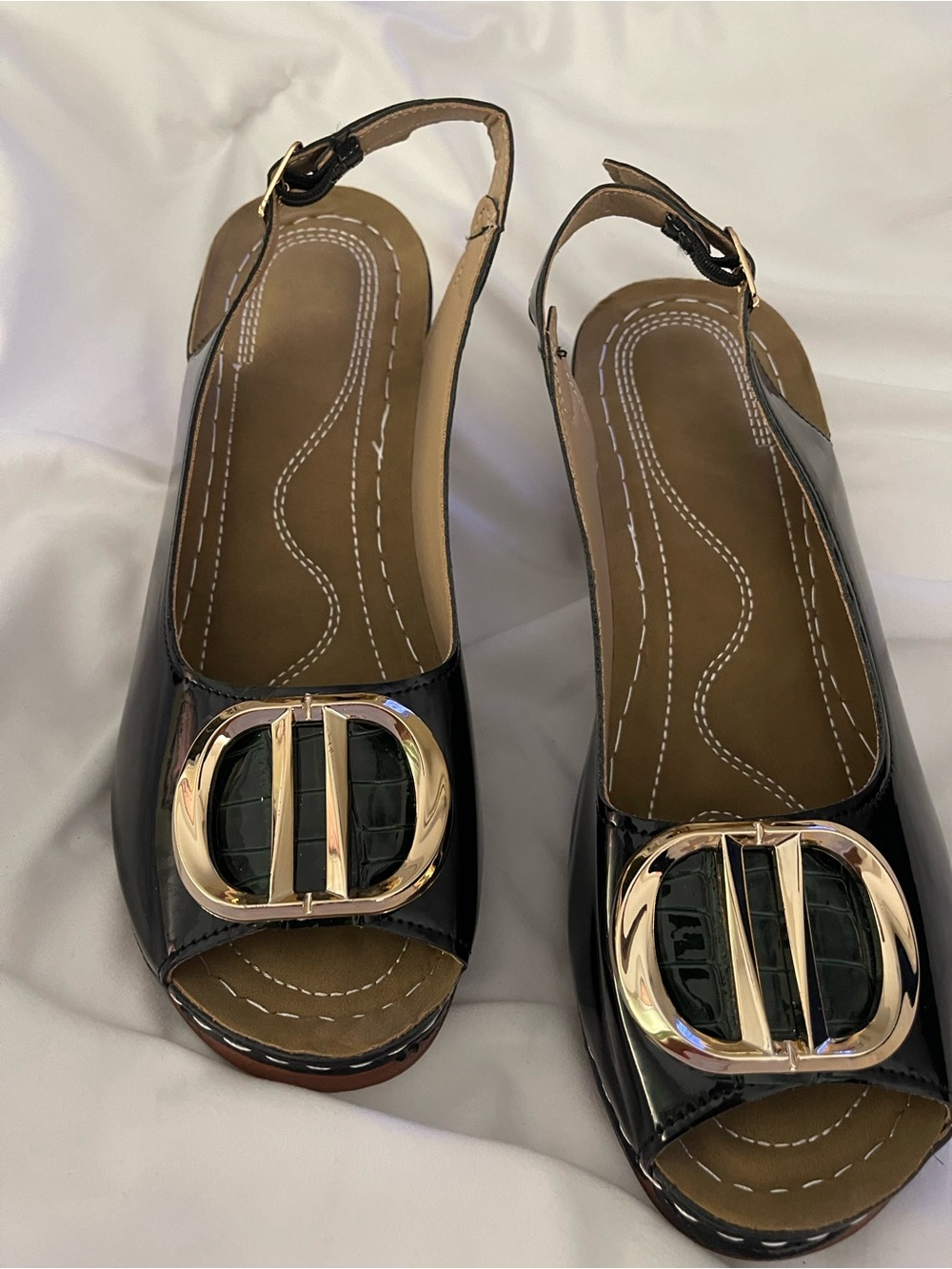 Women’s Black Patent Slingback Peep-Toe Flats with Gold Buckle
